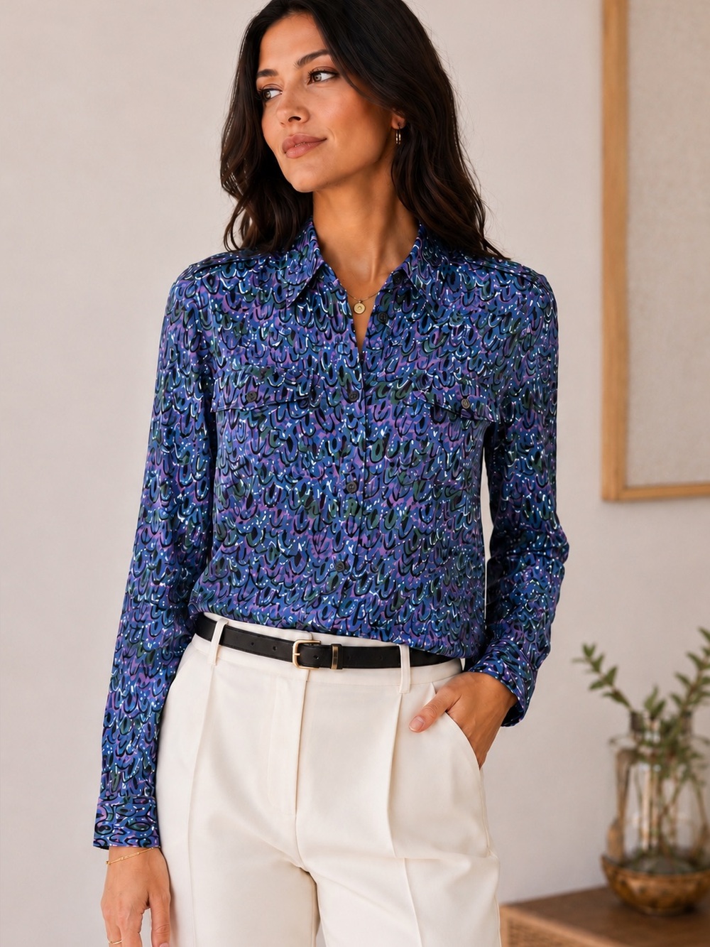 Tory Burch 100% Silk Button-Down Blouse Purple Blue Peacock Print XS